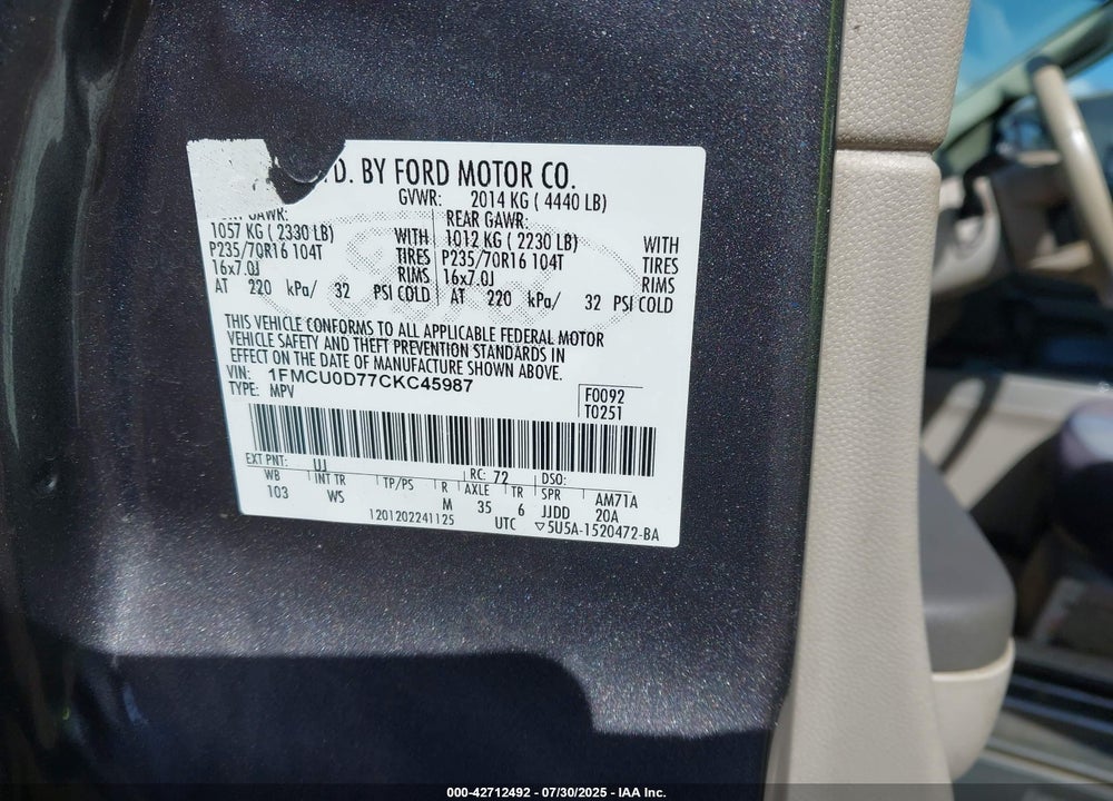 2012 FORD ESCAPE XLT VIN: 1FMCU0D77CKC45987