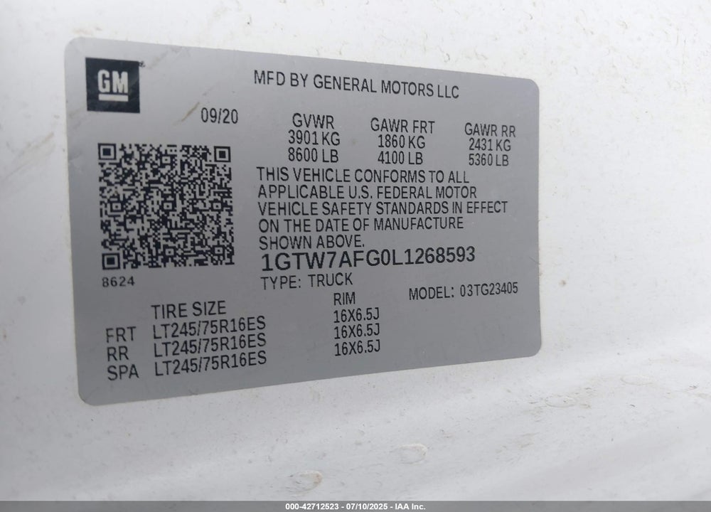 2020 GMC SAVANA CARGO RWD 2500 REGULAR WHEELBASE WORK VAN VIN: 1GTW7AFG0L1268593