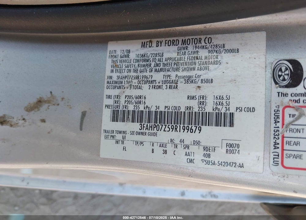 2009 FORD FUSION VIN: 3FAHP07Z59R199679