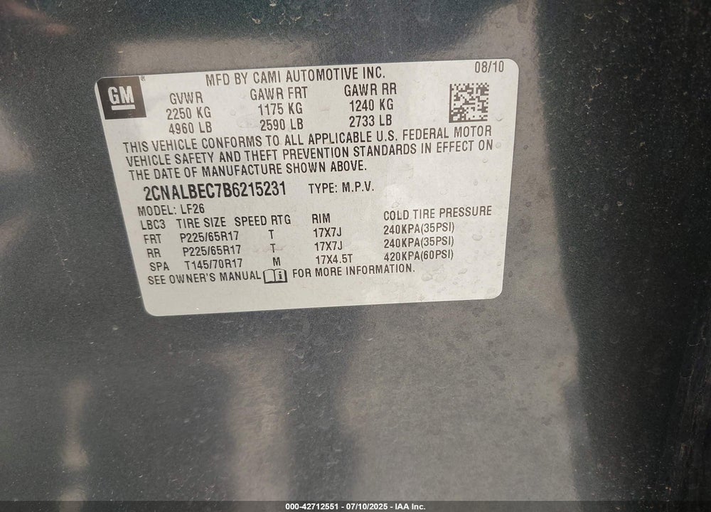 2011 CHEVROLET EQUINOX VIN: 2CNALBEC7B6215231