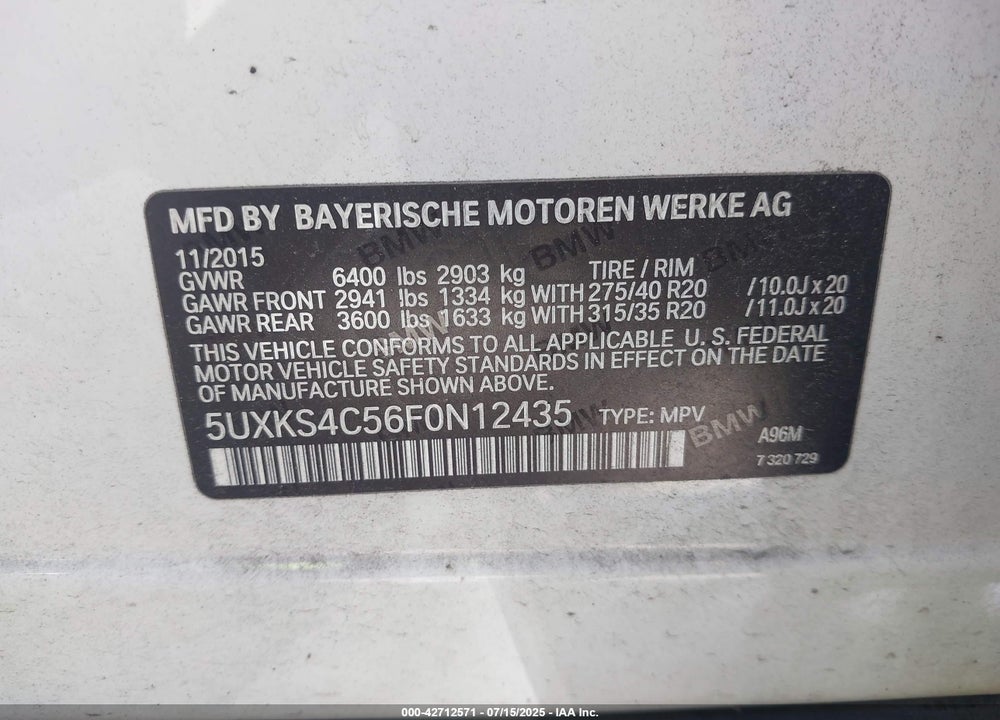 2015 BMW X5 XDRIVE35D VIN: 5UXKS4C56F0N12435