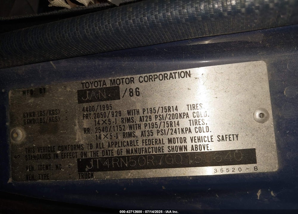 1986 TOYOTA PICKUP VIN: JT4RN50R7G0150640