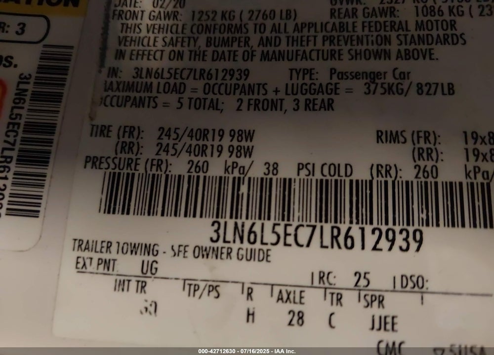2020 LINCOLN MKZ VIN: 3LN6L5EC7LR612939