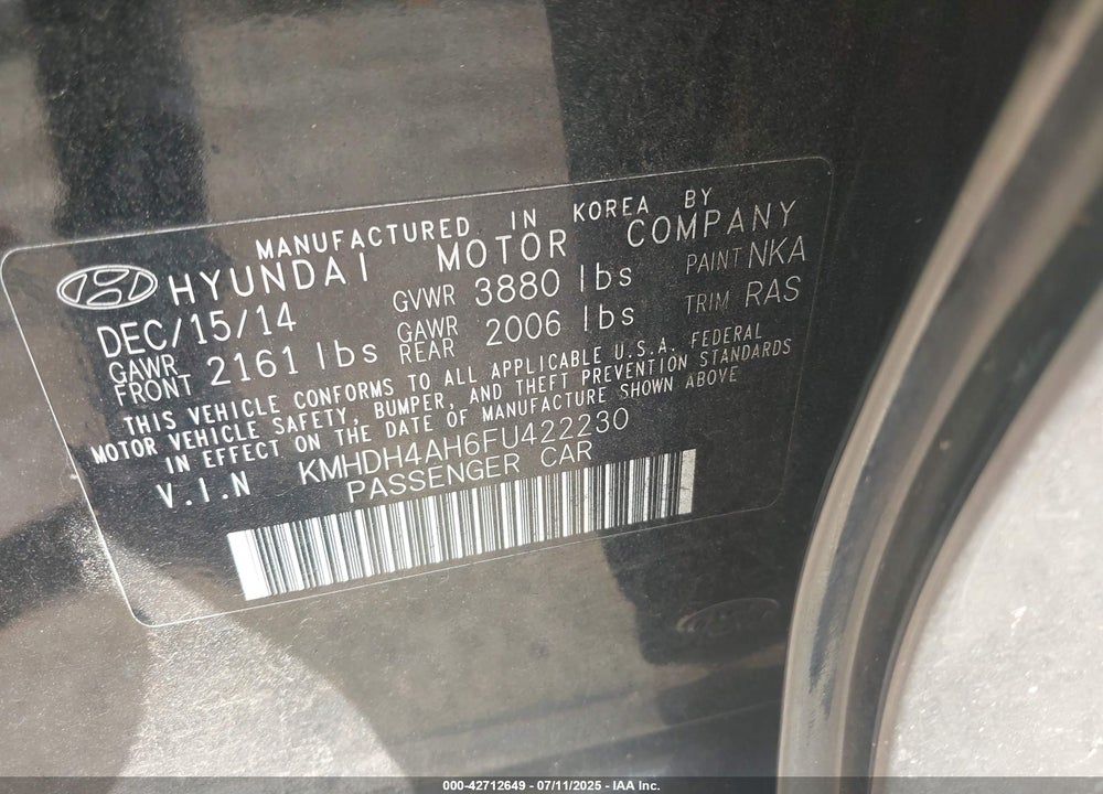 2015 HYUNDAI ELANTRA VIN: KMHDH4AH6FU422230