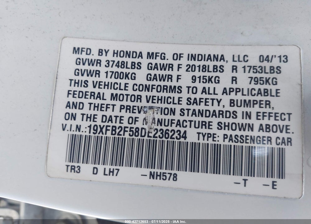 2013 HONDA CIVIC VIN: 19XFB2F58DE236234