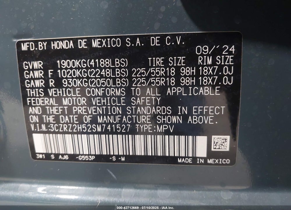 2025 HONDA HR-V VIN: 3CZRZ2H52SM741527