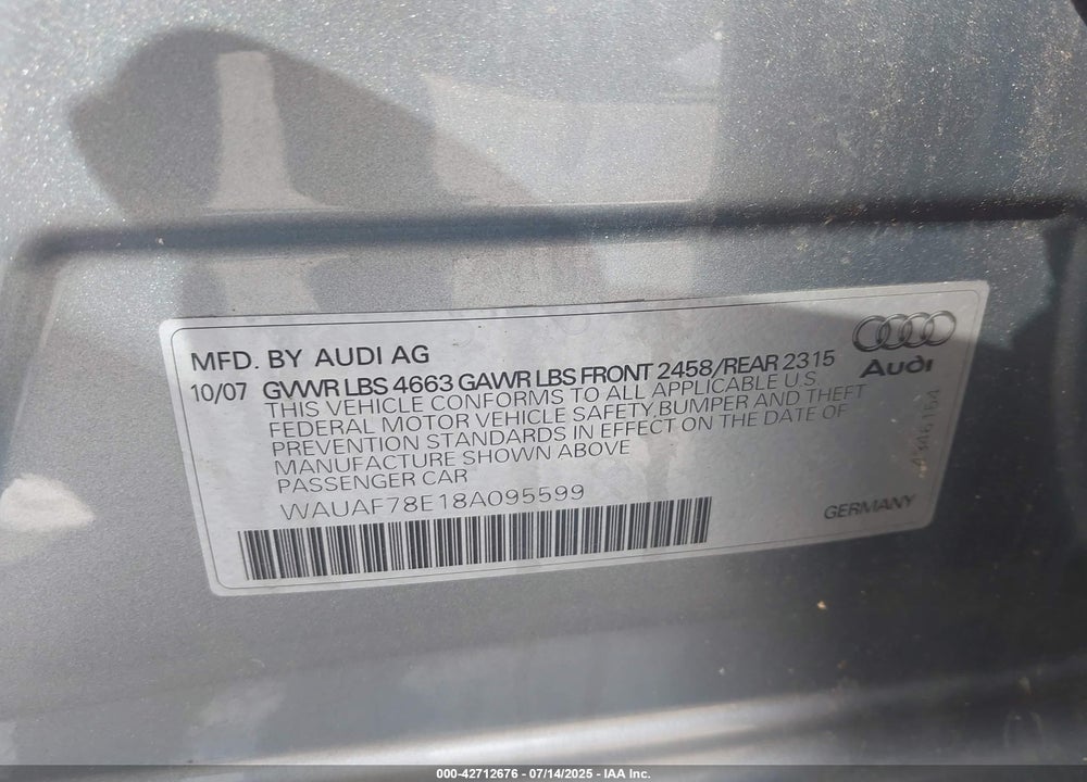 2008 AUDI A4 2.0T VIN: WAUAF78E18A095599