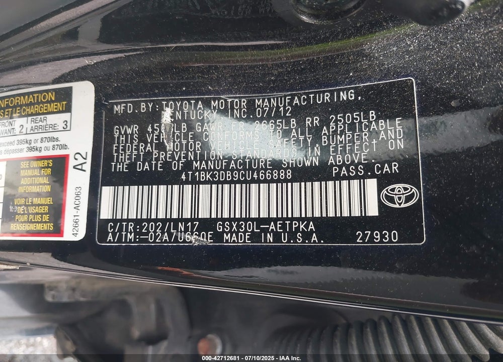 2012 TOYOTA AVALON LIMITED VIN: 4T1BK3DB9CU466888