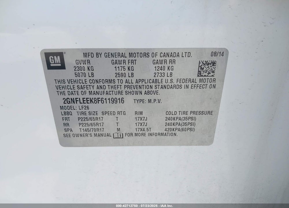 2015 CHEVROLET EQUINOX VIN: 2GNFLEEK8F6119916
