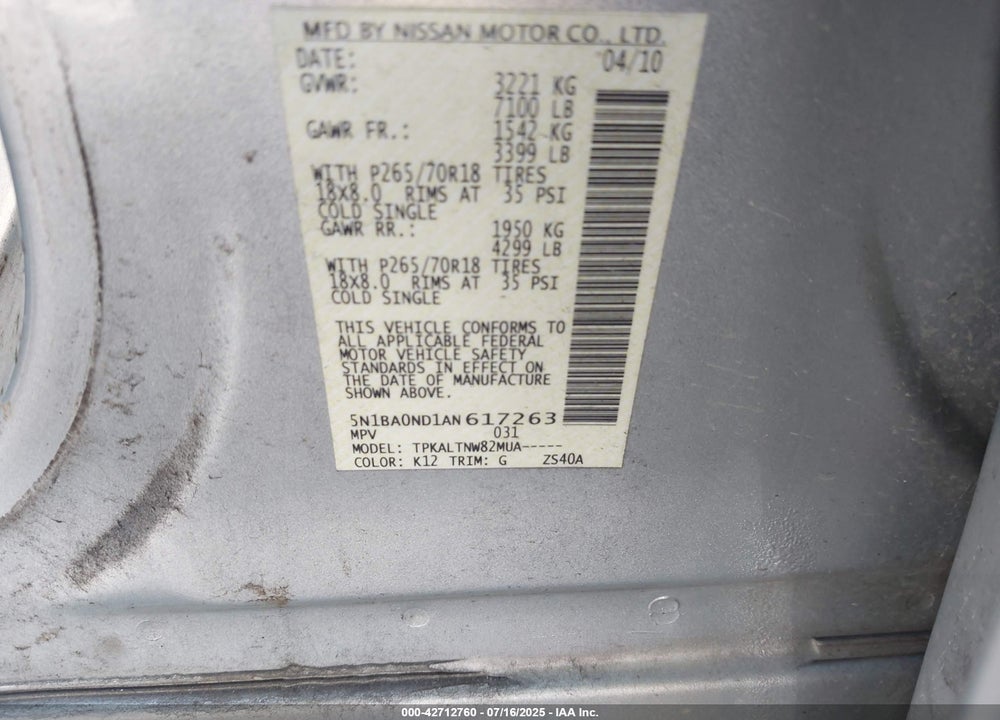 2010 NISSAN ARMADA VIN: 5N1BA0ND1AN617263