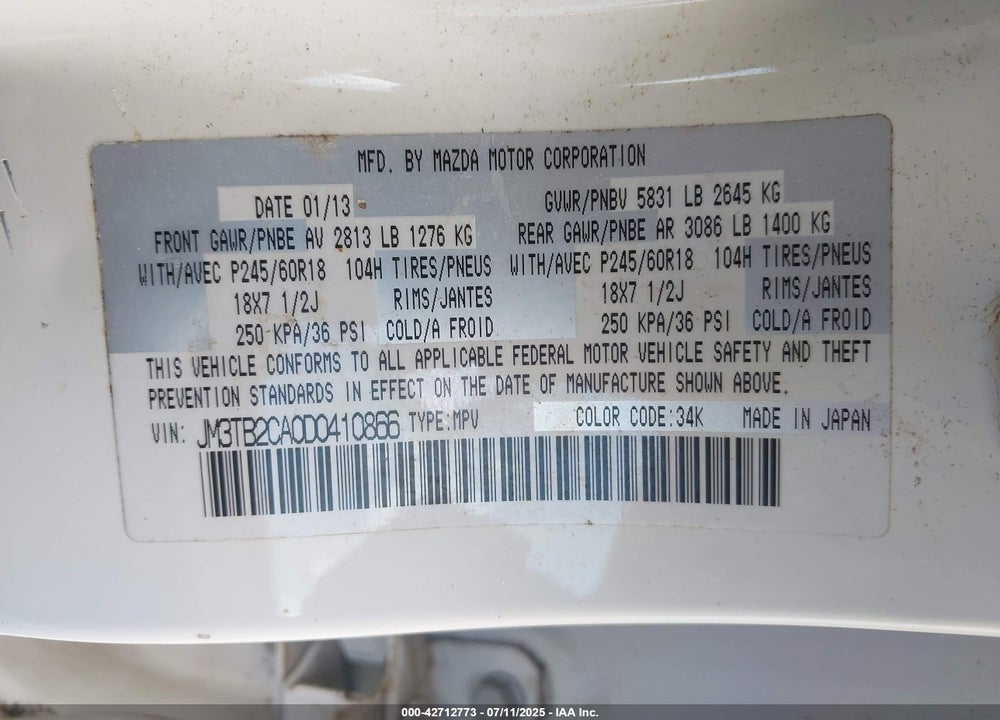 2013 MAZDA CX-9 VIN: JM3TB2CA0D0410866