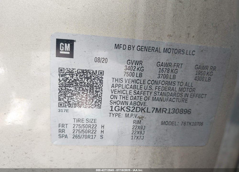 2021 GMC YUKON VIN: 1GKS2DKL7MR130896