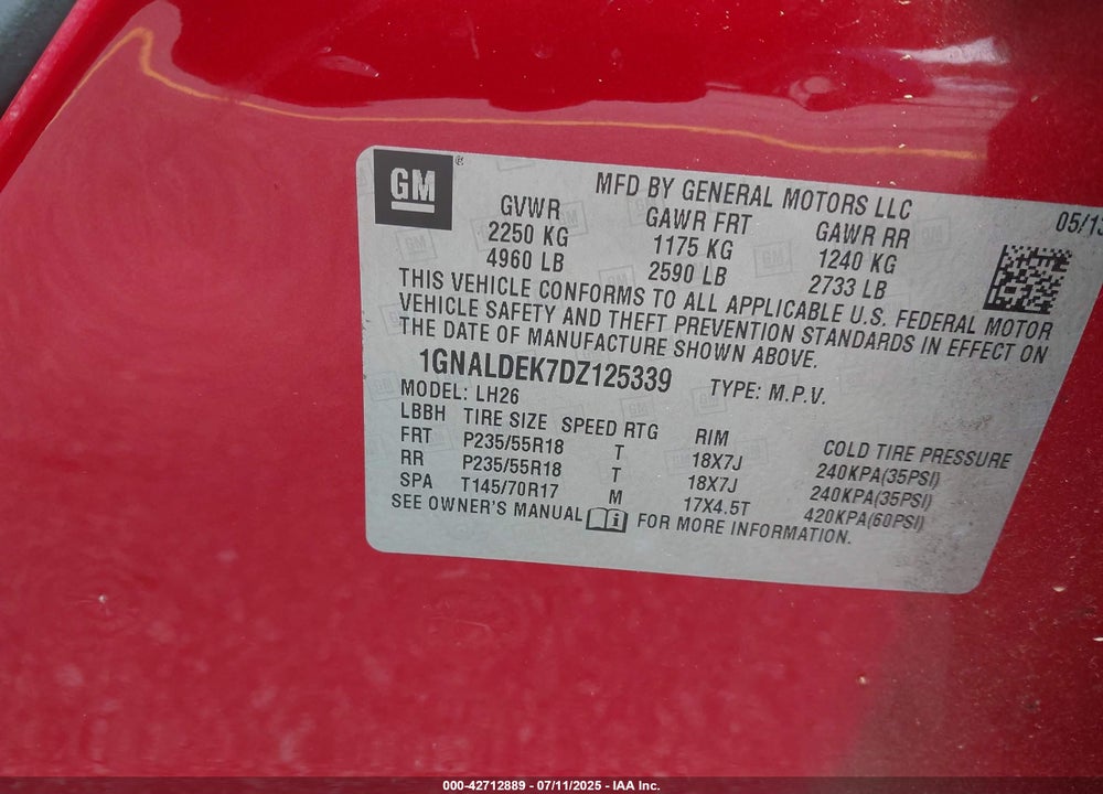 2013 CHEVROLET EQUINOX VIN: 1GNALDEK7DZ125339