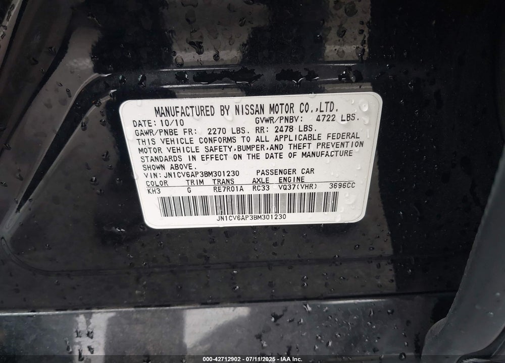 2011 INFINITI G37 JOURNEY VIN: JN1CV6AP3BM301230