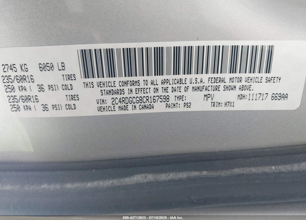 2012 DODGE GRAND CARAVAN SXT VIN: 2C4RDGCG8CR167598