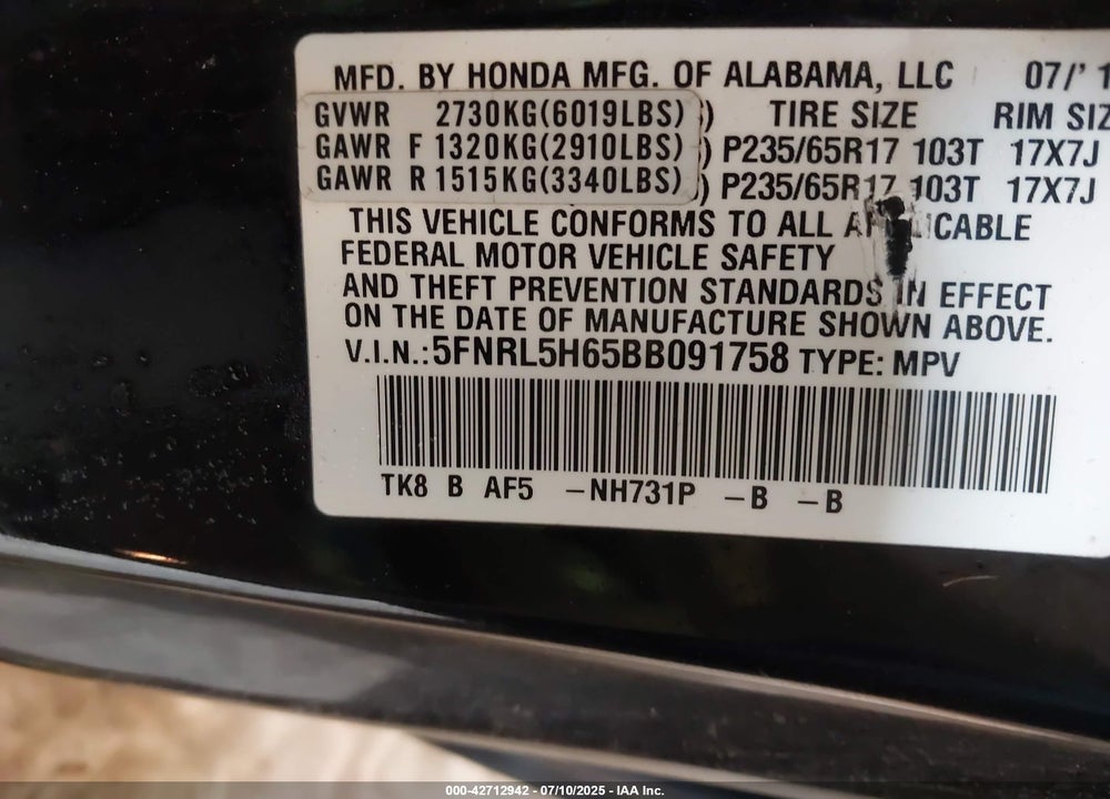 2011 HONDA ODYSSEY EX-L VIN: 5FNRL5H65BB091758