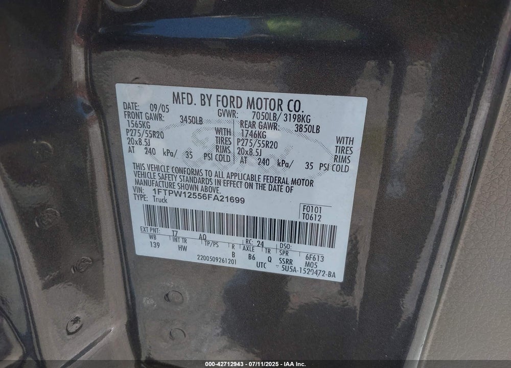 2006 FORD F-150 VIN: 1FTPW12556FA21699
