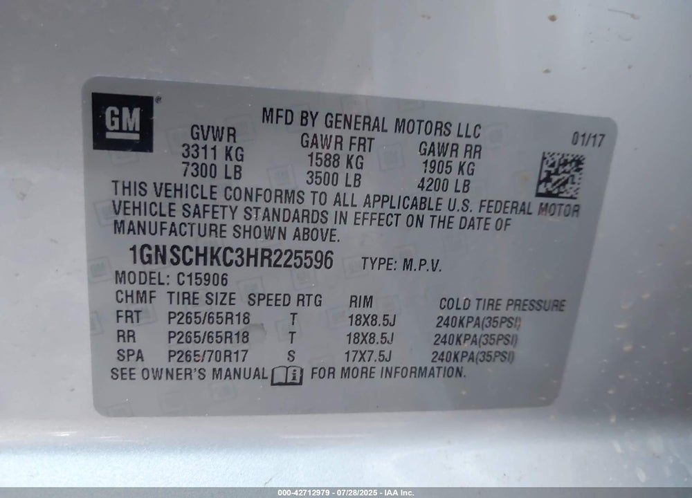 2017 CHEVROLET SUBURBAN VIN: 1GNSCHKC3HR225596