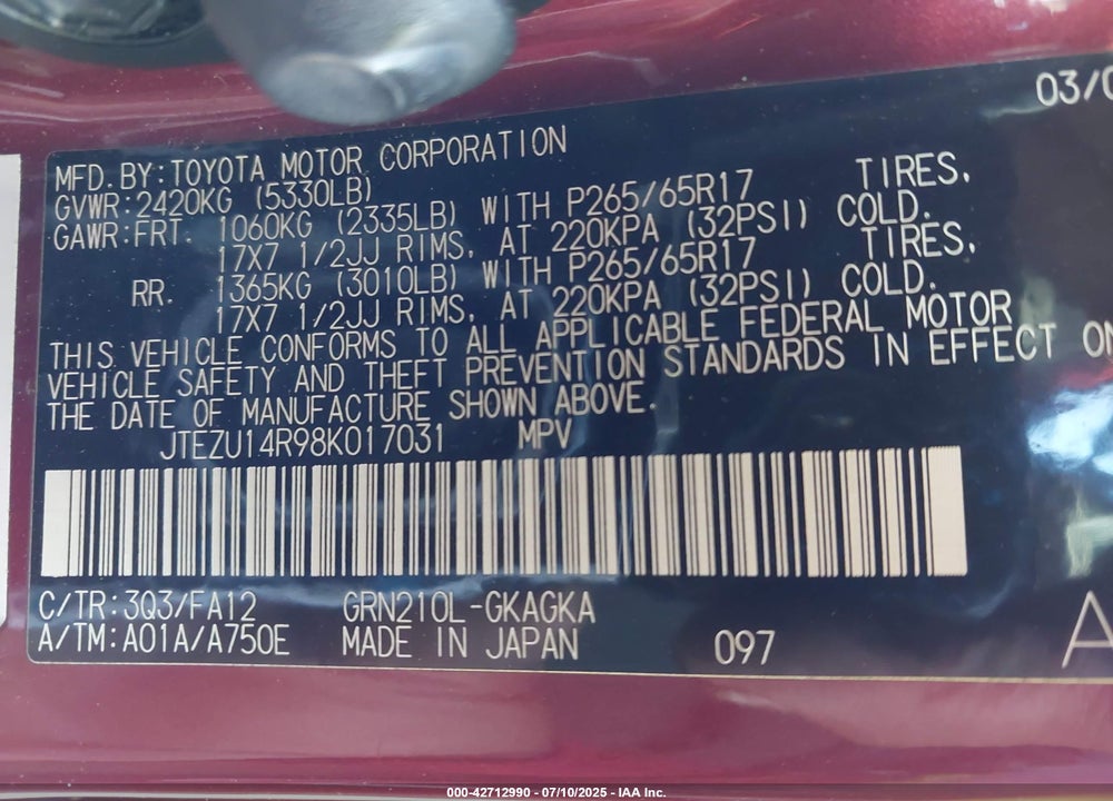 2008 TOYOTA 4RUNNER SR5 V6 VIN: JTEZU14R98K017031