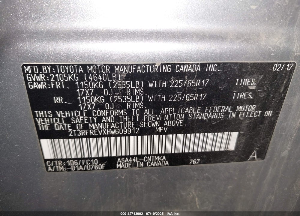 2017 TOYOTA RAV4 VIN: 2T3RFREVXHW609912