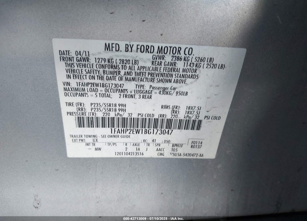 2011 FORD TAURUS VIN: 1FAHP2EW1BG173047