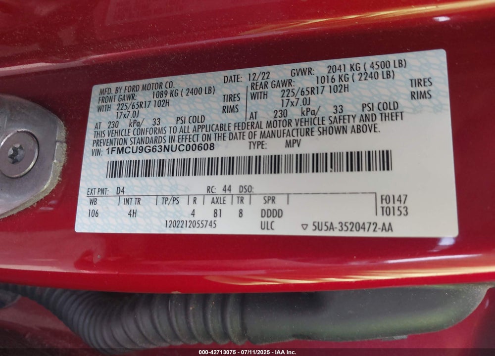 2022 FORD ESCAPE VIN: 1FMCU9G63NUC00608
