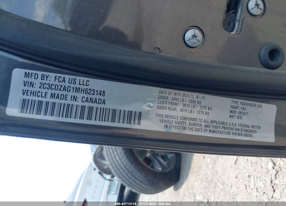 2021 DODGE CHALLENGER VIN: 2C3CDZAG1MH623148