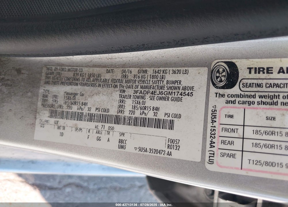 2016 FORD FIESTA VIN: 3FADP4EJ6GM174545