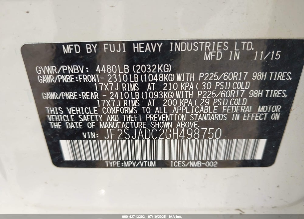 2016 SUBARU FORESTER VIN: JF2SJADC2GH498750