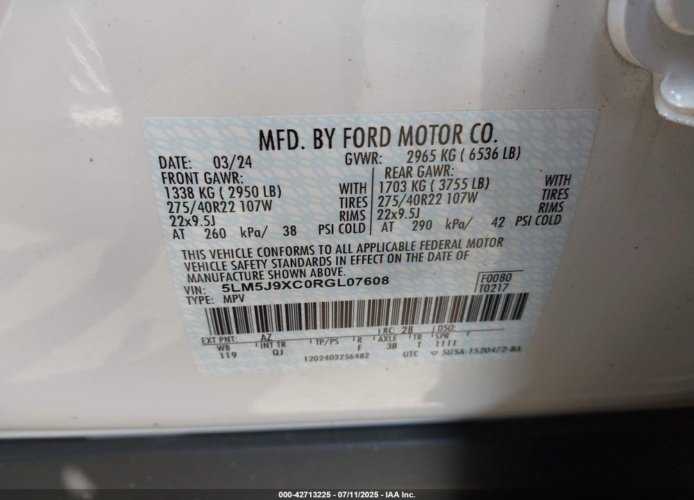 2024 LINCOLN AVIATOR VIN: 5LM5J9XC0RGL07608