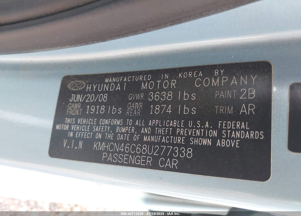 2008 HYUNDAI ACCENT GLS VIN: KMHCN46C68U277338