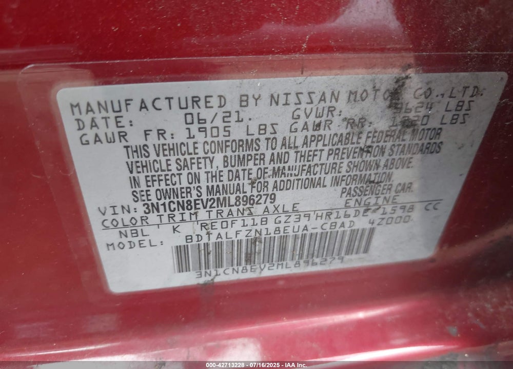 2021 NISSAN VERSA VIN: 3N1CN8EV2ML896279