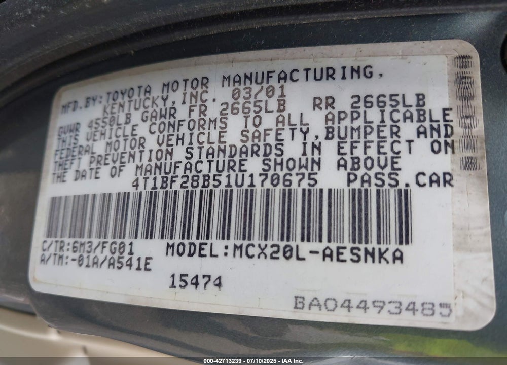2001 TOYOTA AVALON VIN: 4T1BF28B51U170675