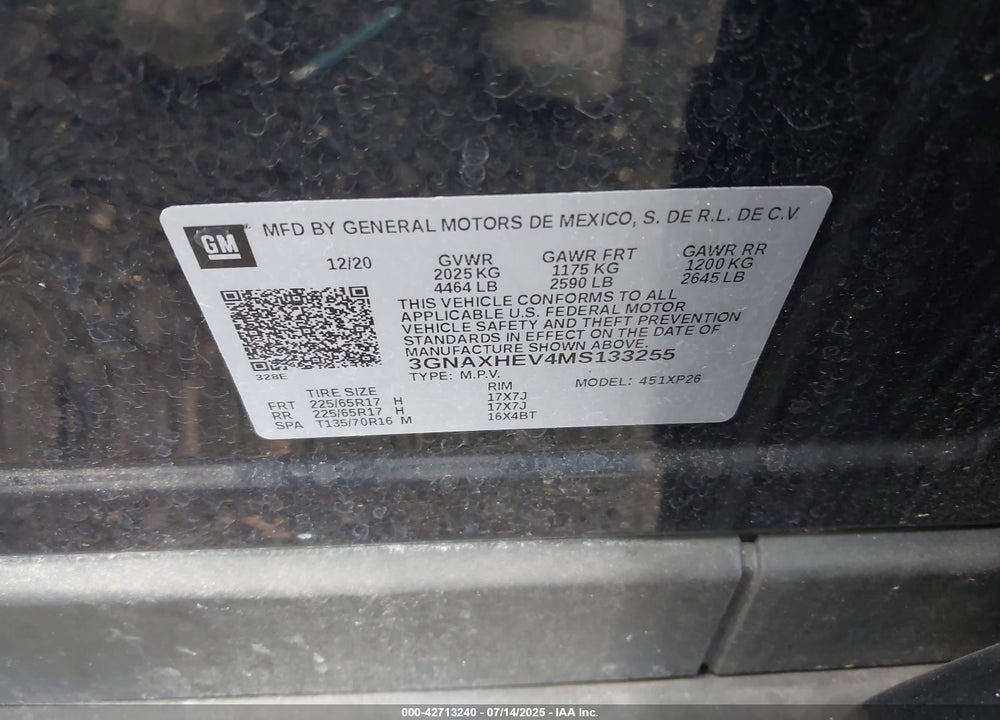 2021 CHEVROLET EQUINOX VIN: 3GNAXHEV4MS133255
