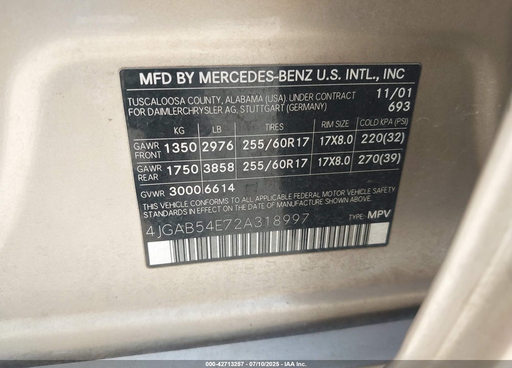 2002 MERCEDES-BENZ ML 320 VIN: 4JGAB54E72A318997