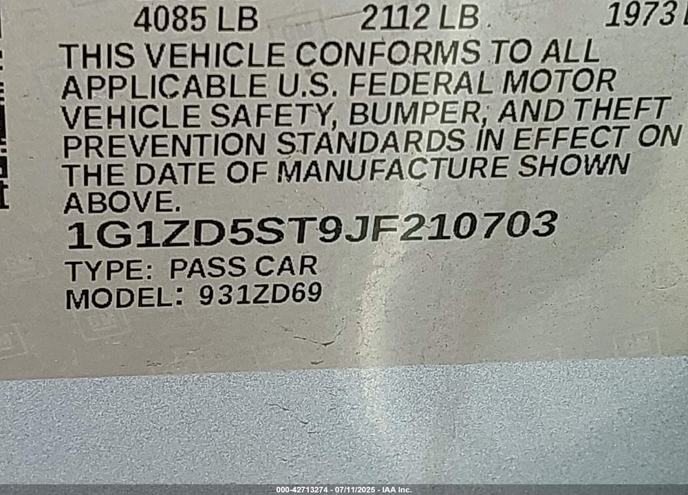 2018 CHEVROLET MALIBU VIN: 1G1ZD5ST9JF210703