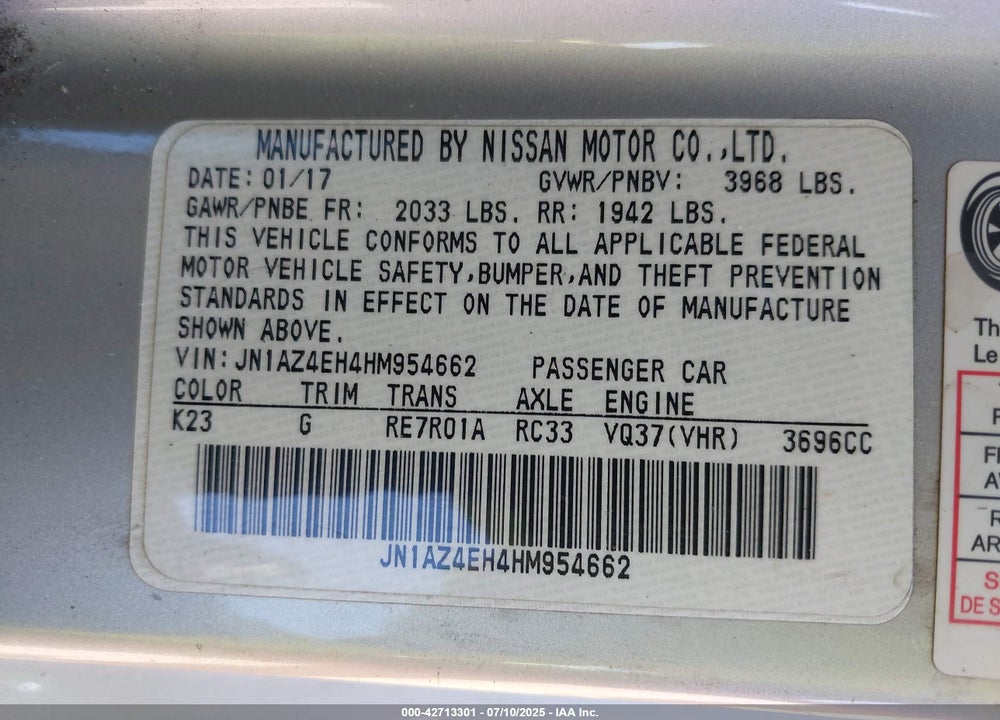2017 NISSAN 370Z VIN: JN1AZ4EH4HM954662