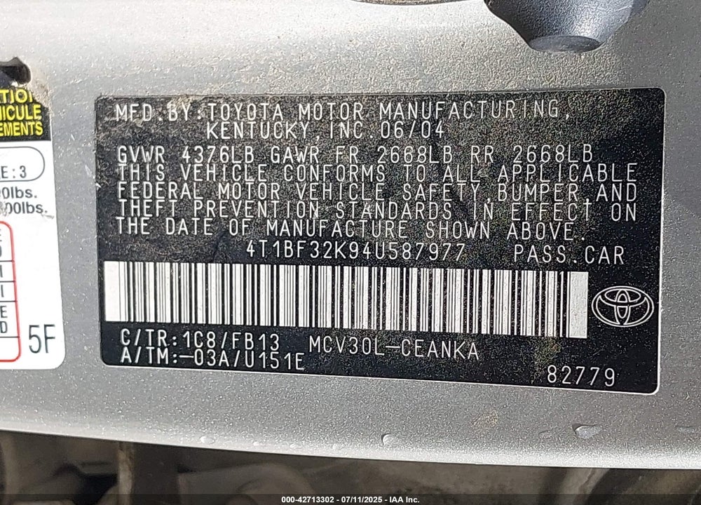 2004 TOYOTA CAMRY VIN: 4T1BF32K94U587977