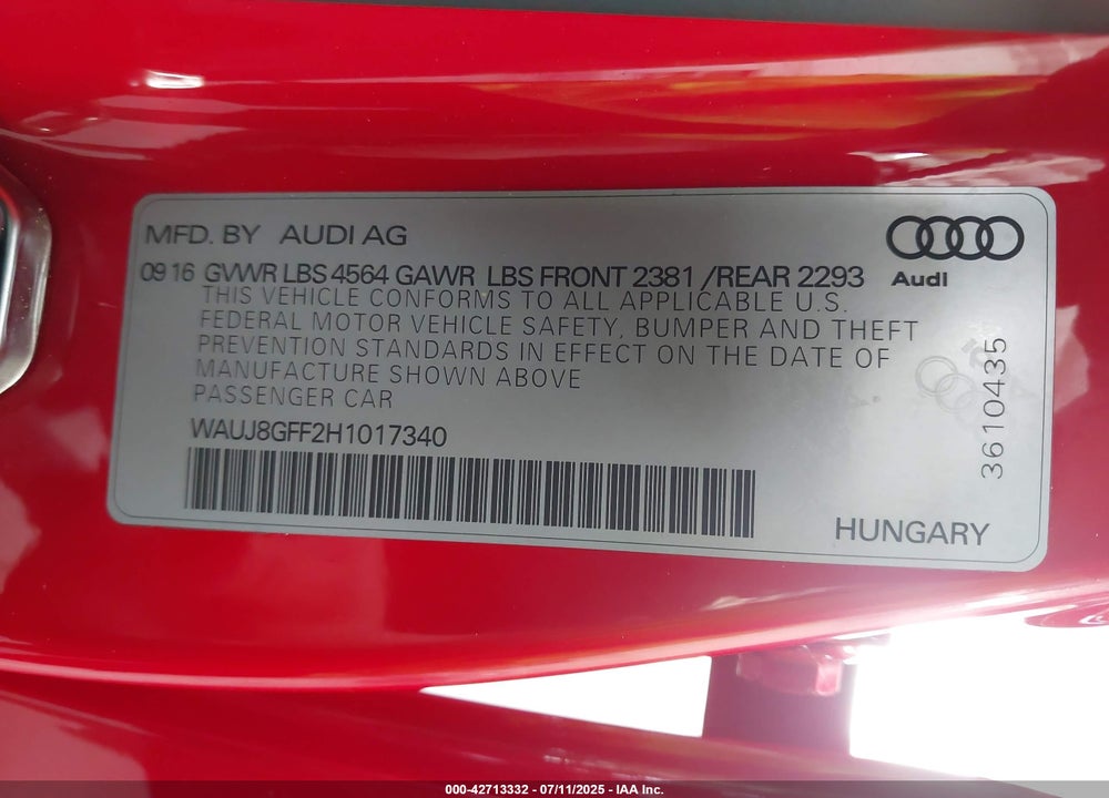 2017 AUDI A3 VIN: WAUJ8GFF2H1017340