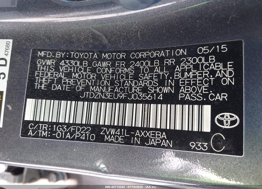 2015 TOYOTA PRIUS V THREE VIN: JTDZN3EU9FJ035614