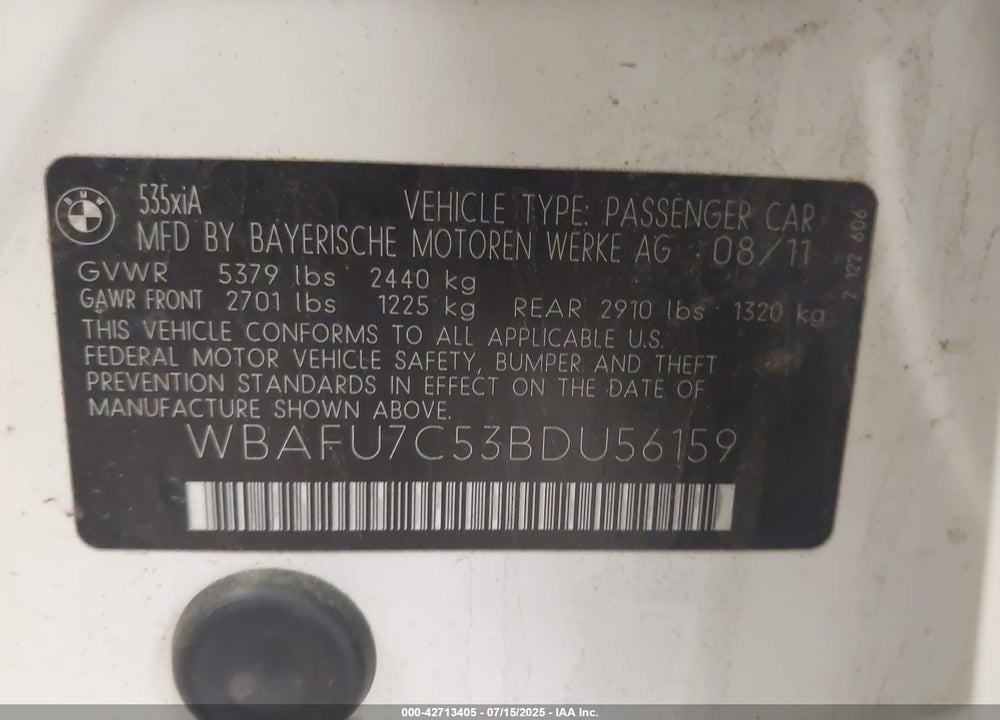 2011 BMW 5 SERIES VIN: WBAFU7C53BDU56159