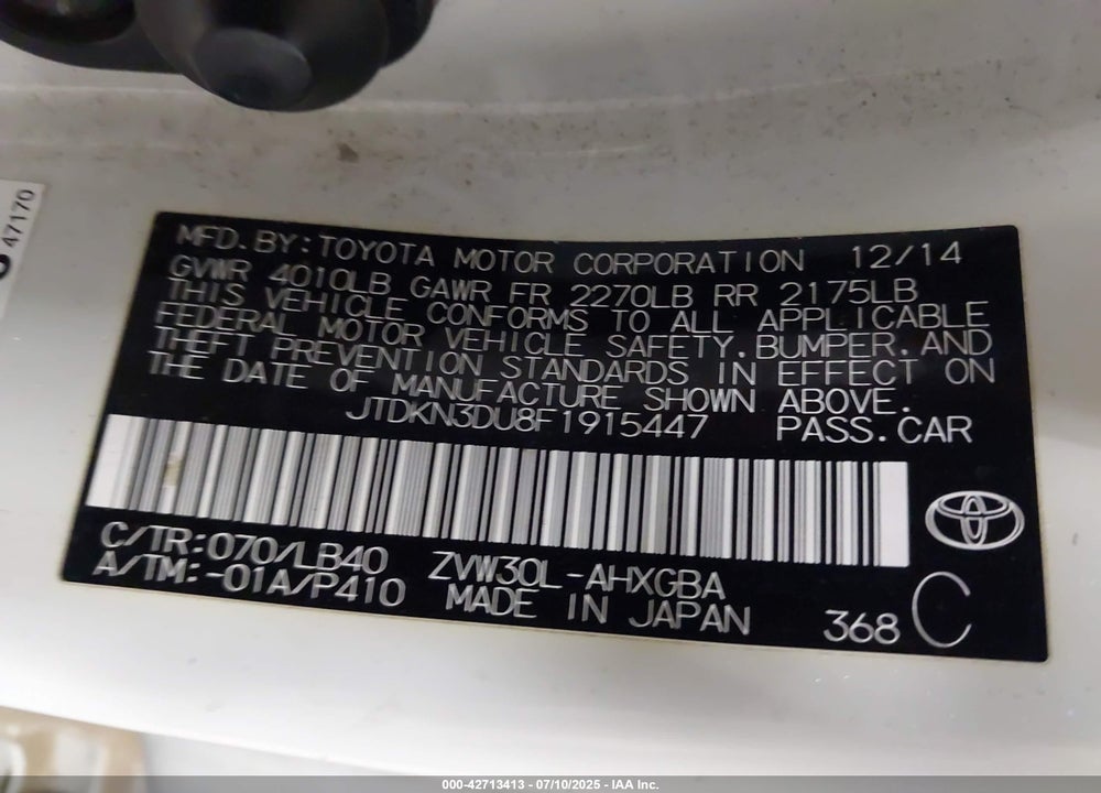 2015 TOYOTA PRIUS VIN: JTDKN3DU8F1915447