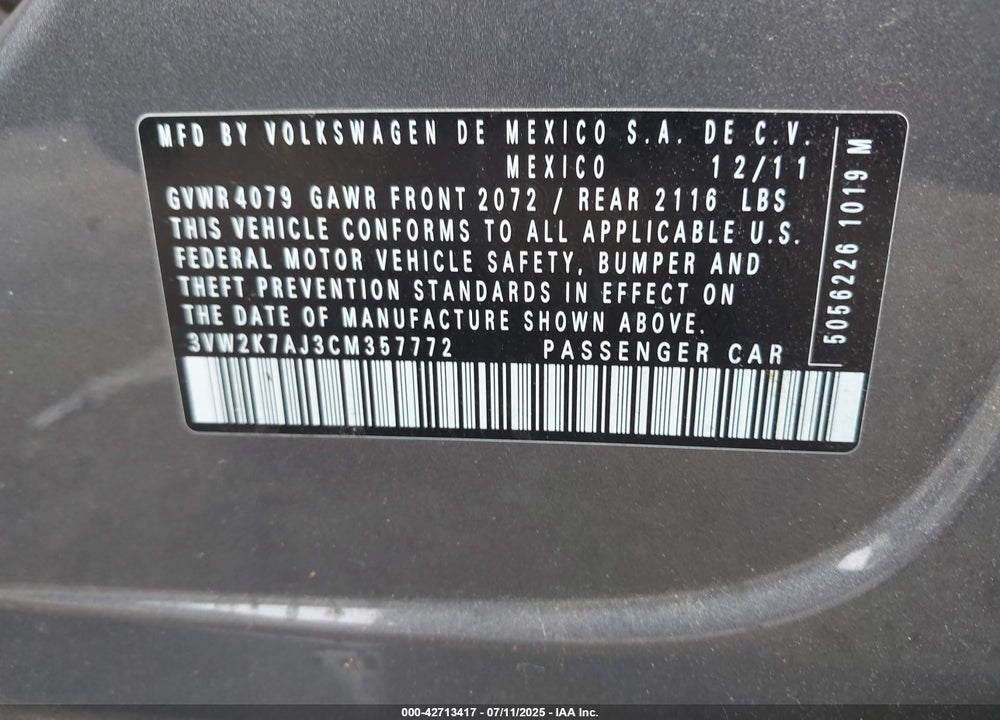 2012 VOLKSWAGEN JETTA VIN: 3VW2K7AJ3CM357772