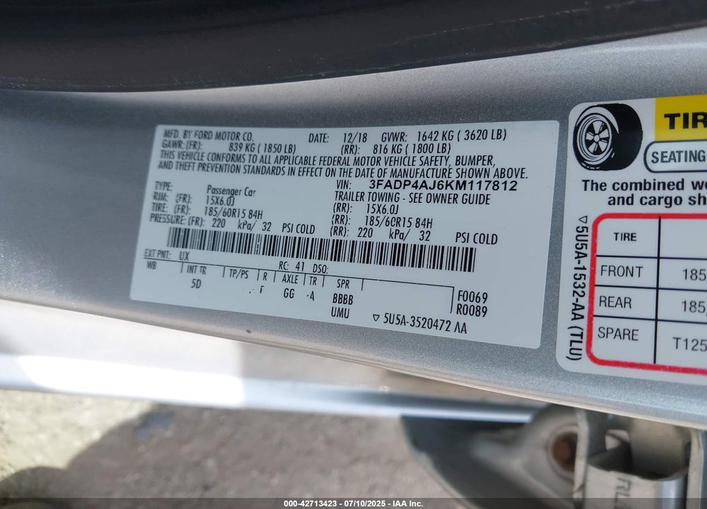 2019 FORD FIESTA VIN: 3FADP4AJ6KM117812