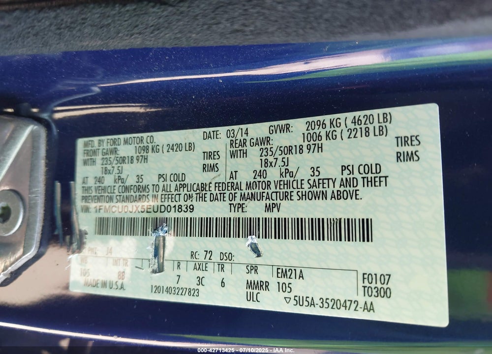 2014 FORD ESCAPE TITANIUM VIN: 1FMCU0JX5EUD01839