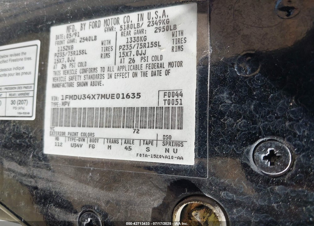 1991 FORD EXPLORER VIN: 1FMDU34X7MUE01635