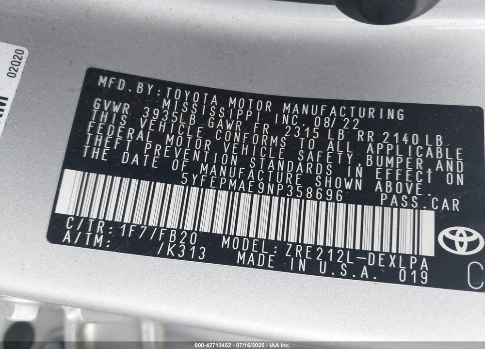 2022 TOYOTA COROLLA LE VIN: 5YFEPMAE9NP358696