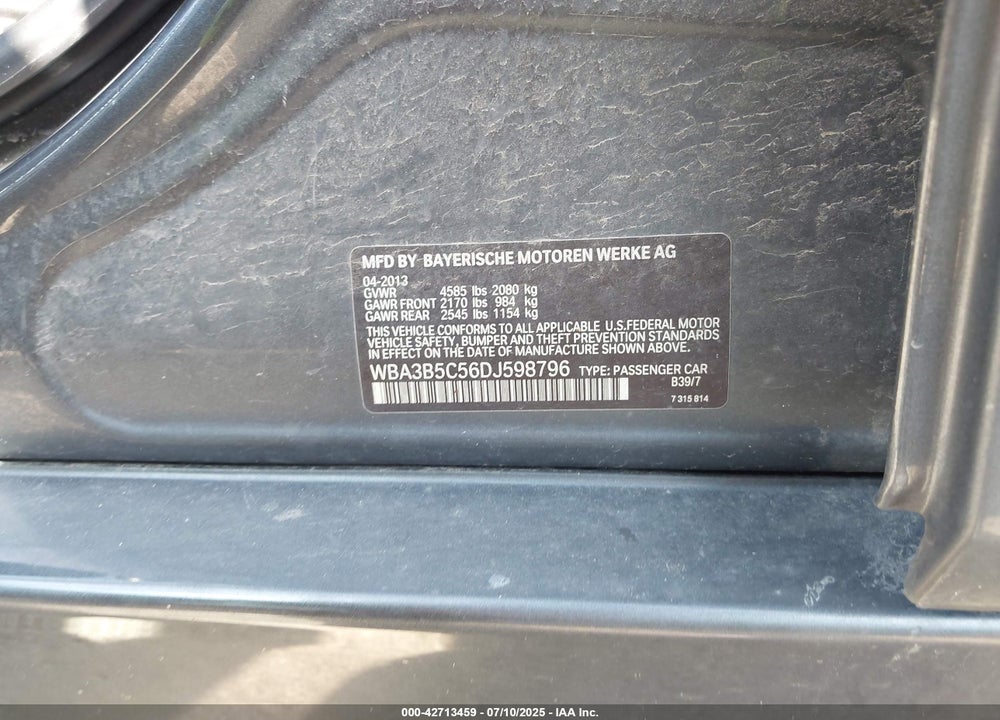 2013 BMW 328I VIN: WBA3B5C56DJ598796