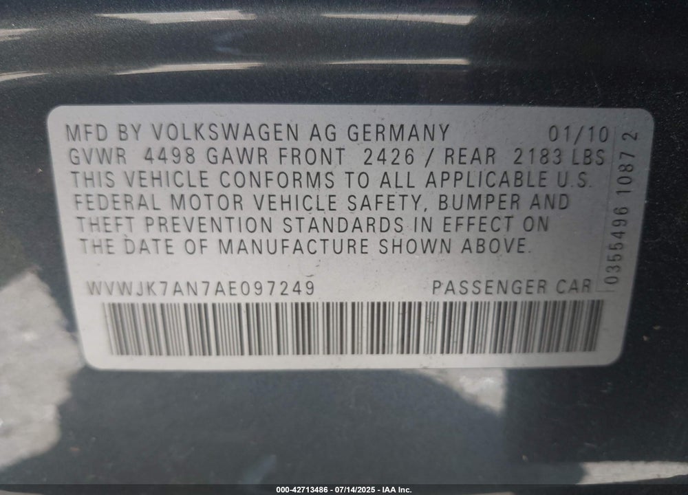 2010 VOLKSWAGEN PASSAT KOMFORT VIN: WVWJK7AN7AE097249