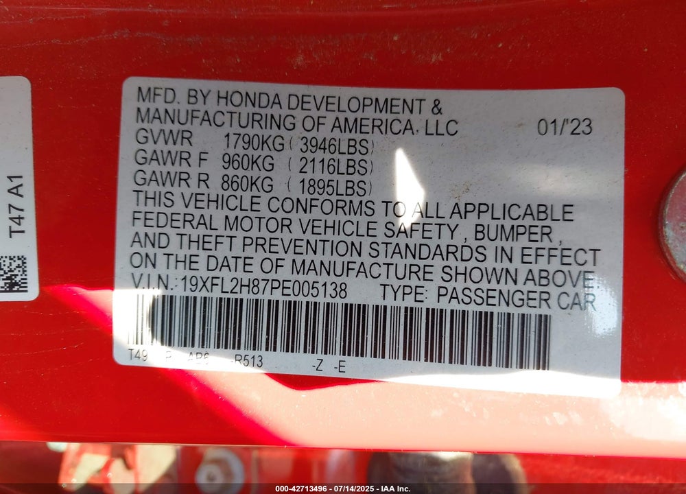 2023 HONDA CIVIC VIN: 19XFL2H87PE005138